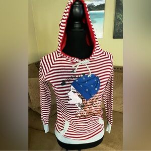 Gushy Red and White Striped Paris Hoodie with a Paris Girl in a Jeweled Beanie
